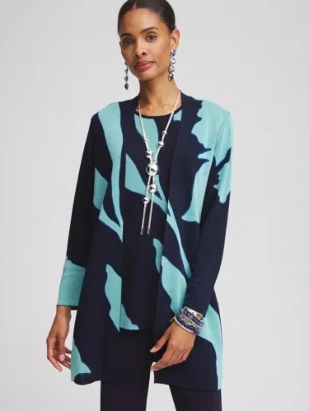 Chico's Travelers Floral Abstract Knit Duster Cardigan Navy Blue NWT Size 3
